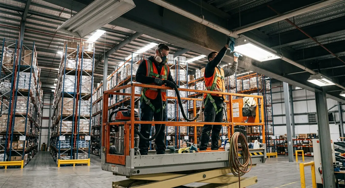 Dépoussiérage des poutres et de la structure d'une usine par Brio Nettoyage