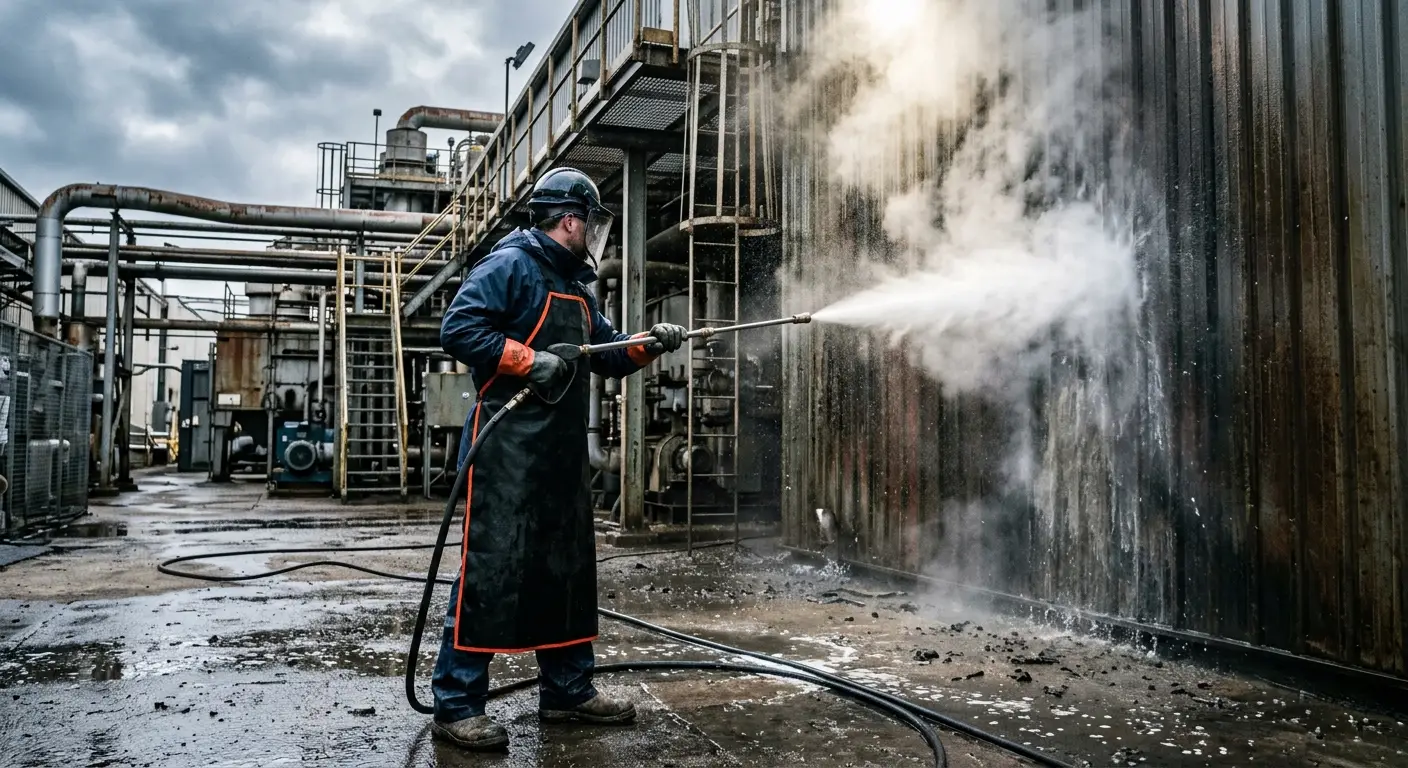 Équipe de Brio Nettoyage effectuant un lavage haute pression sur un site industriel