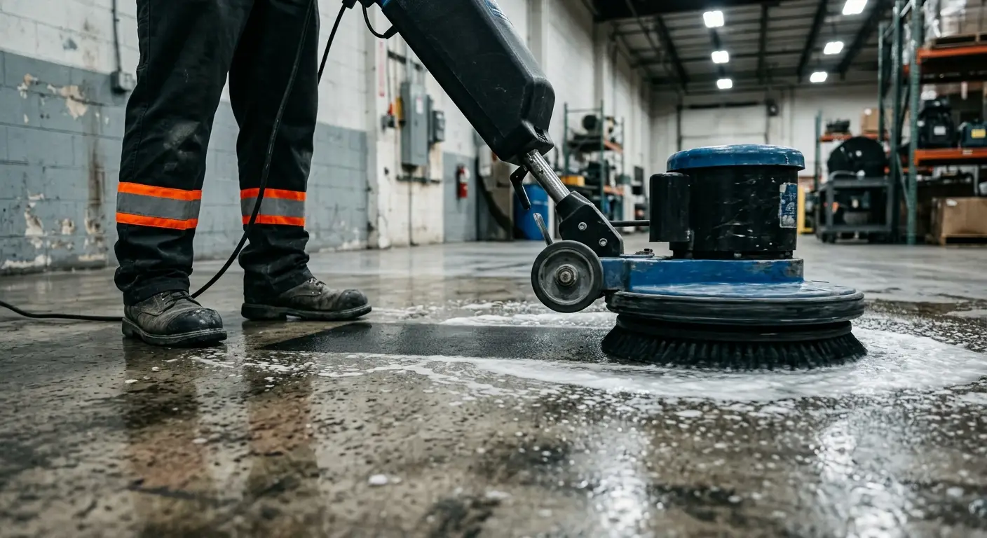 Équipe de Brio Nettoyage lavant un plancher d'usine