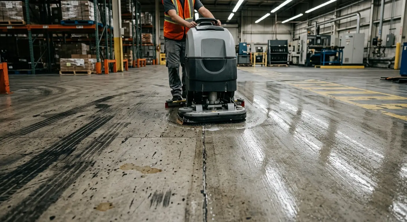 Nettoyage d'un plancher industriel en béton par Brio Nettoyage